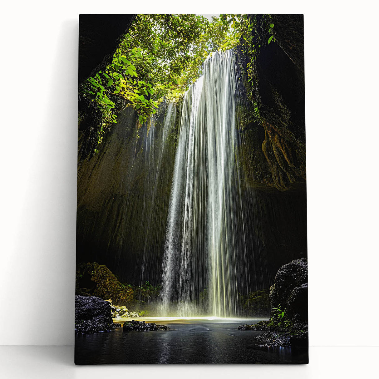 Stretched canvas artwork depicting a serene landscape with caves, featuring earthy tones of green and brown, perfect for enhancing home decor aesthetics.