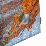 Close-up of a vibrant acrylic landscape artwork showcasing dramatic cliffs, rich colors, and intricate textures, perfect for modern home decor.