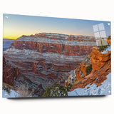 Acrylic glass side view of a stunning landscape artwork depicting towering cliffs and vibrant colors, secured with pins for display, ideal for enhancing home decor.