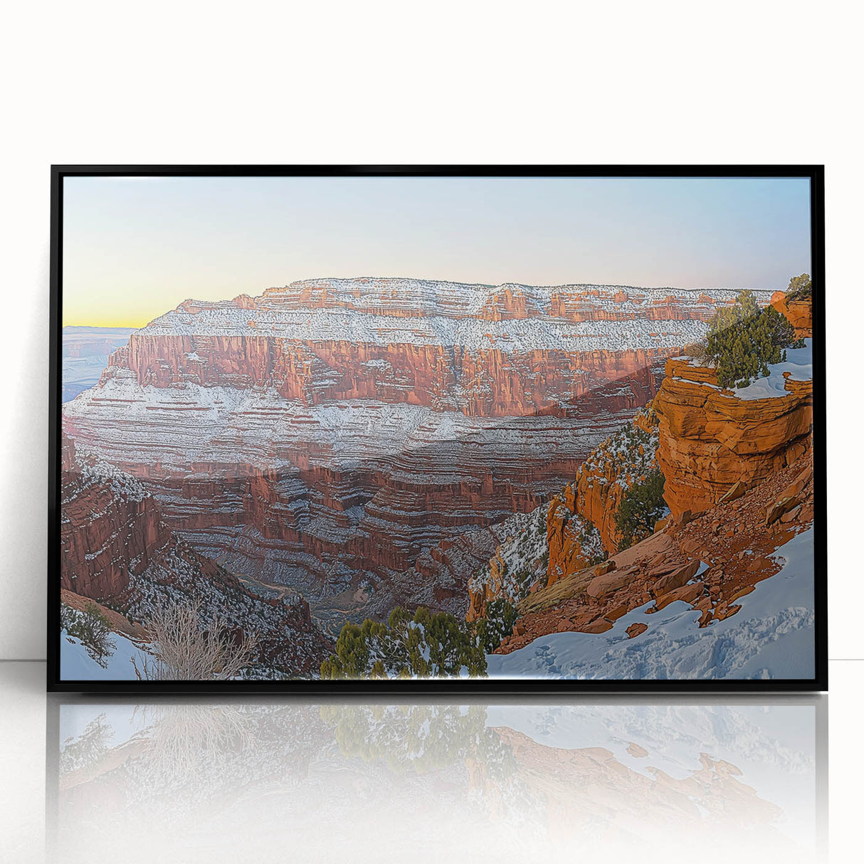 Framed acrylic artwork depicting a stunning landscape of rugged cliffs, featuring a black frame that enhances the vibrant colors and intricate details, perfect for modern home decor.