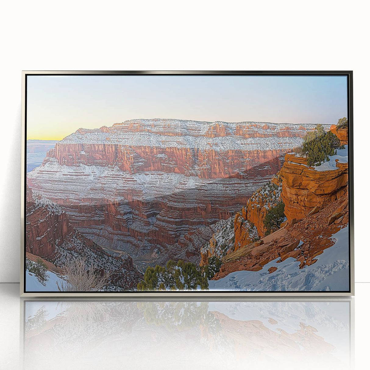 Framed acrylic artwork showcasing a breathtaking cliff landscape in silver tones, perfect for modern home decor, highlighting nature's beauty and elegance.