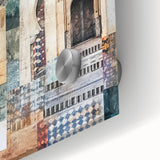 Close-up of abstract architecture wall art design featuring vibrant colors and geometric patterns printed on acrylic glass, ideal for modern home decor.