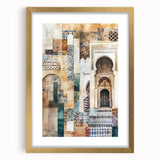 Abstract architectural wall art framed in gold, showcasing a modern design with geometric shapes and a soft matte finish, ideal for contemporary decor.