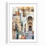 Abstract architecture wall art framed in white mat, showcasing geometric shapes and modern design elements, ideal for contemporary home decor.