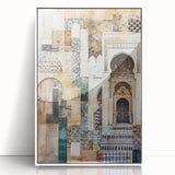 Framed abstract architecture wall art in a sleek white frame, showcasing geometric designs and vibrant colors, perfect for modern home decor.