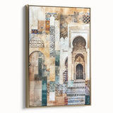 Framed abstract architecture wall art featuring a gold color scheme, showcasing modern geometric designs, perfect for enhancing contemporary interiors.