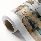 Abstract architecture wall art on rolled canvas, showcasing vibrant geometric shapes in shades of blue, yellow, and red, ideal for modern interior decor.