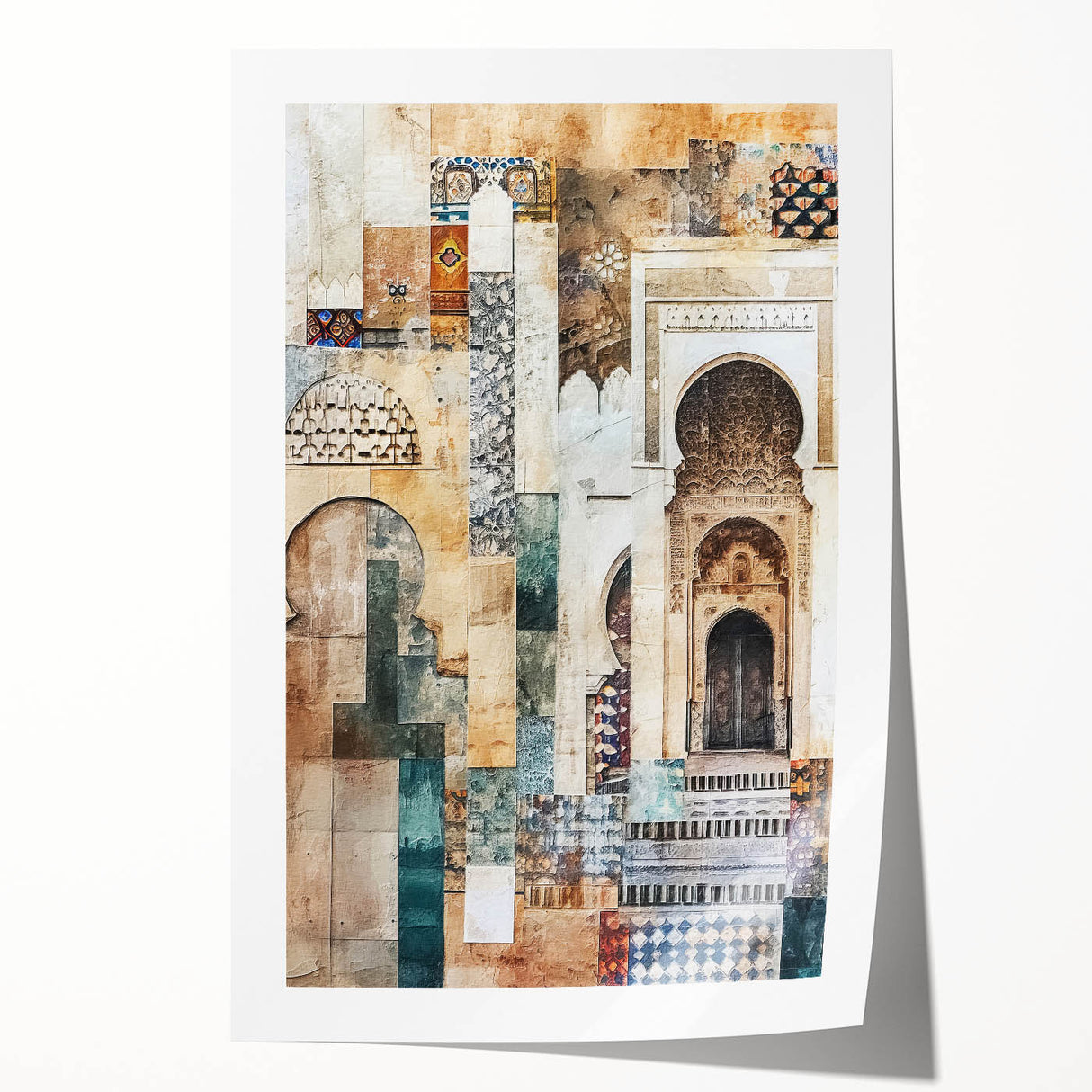 Abstract architectural wall art print showcasing vibrant geometric shapes in bold colors, rolled and ready for display, perfect for modern home decor.