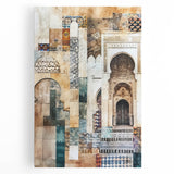 Abstract architectural wall art on stretched canvas, showcasing geometric shapes in bold colors, perfect for modern home decor or office spaces.