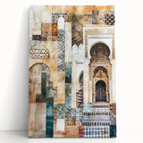 Abstract architecture wall art on stretched canvas, featuring geometric shapes and vibrant colors, leaning against a textured background, perfect for modern decor.