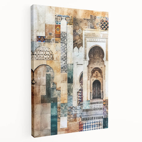 Abstract architectural wall art on stretched canvas showcasing geometric shapes and vibrant colors, ideal for modern home decor and artistic interiors.