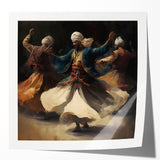 Abstract figurative wall art print featuring vibrant colors and dynamic shapes, presented in a glossy finish. Ideal for modern home decor, enhancing any space.