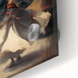 Close-up of vibrant abstract figurative wall art featuring bold colors and fluid shapes, designed for acrylic glass display, enhancing modern decor.