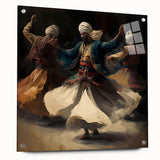 Acrylic glass wall art piece showcasing abstract figurative design, displayed from the side with visible mounting pins, perfect for modern decor.