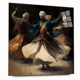 Abstract figurative wall art made of acrylic glass, showcasing vibrant colors and dynamic shapes. Displayed from the side to highlight its sleek design and modern aesthetic, perfect for contemporary interior decor.