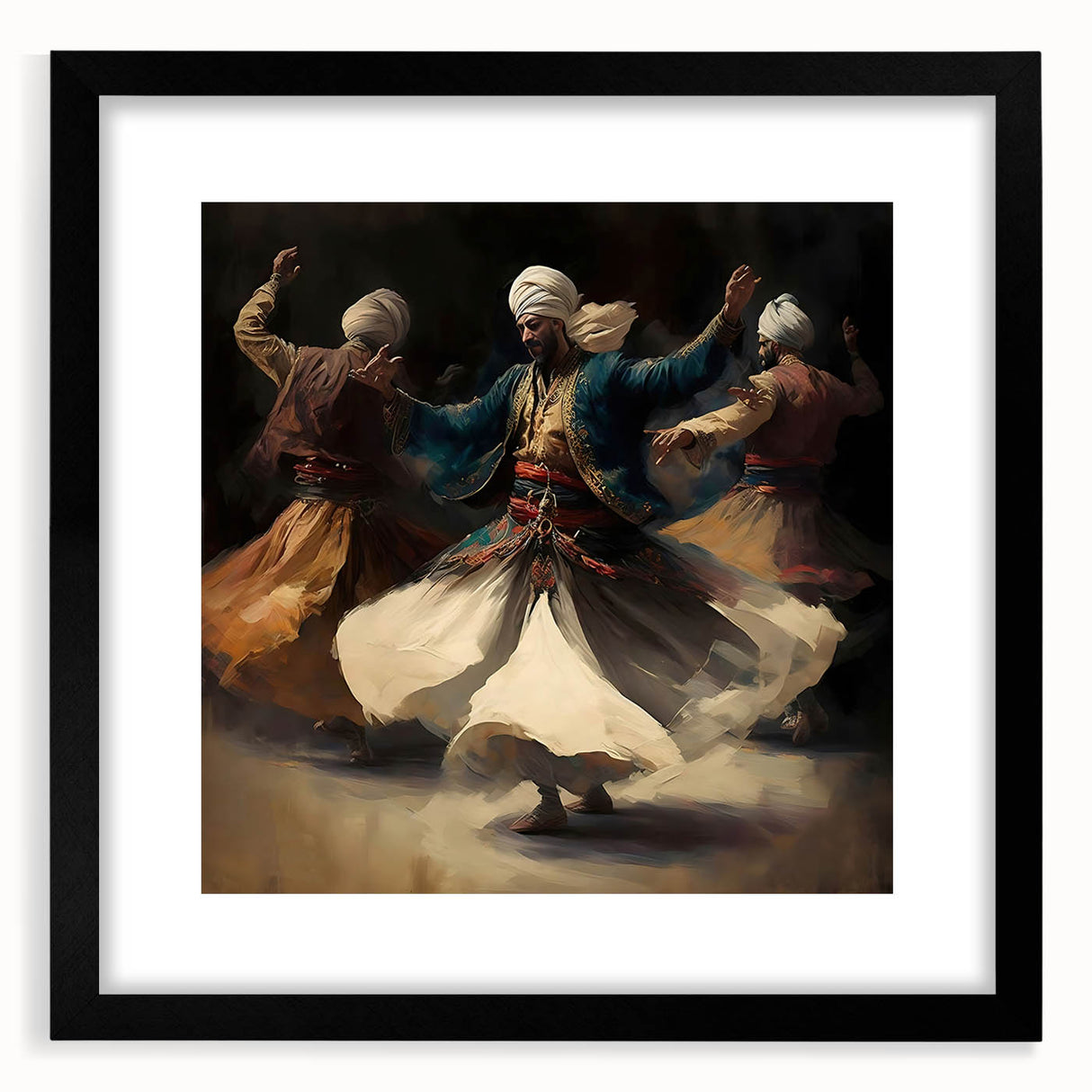 Abstract figurative wall art framed in black with a mat, showcasing vibrant colors and dynamic shapes, ideal for modern home decor and artistic expression.