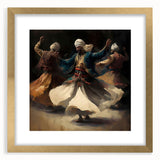 Abstract figurative wall art framed in gold with a mat, showcasing vibrant colors and dynamic shapes, ideal for modern home decor or gallery settings.