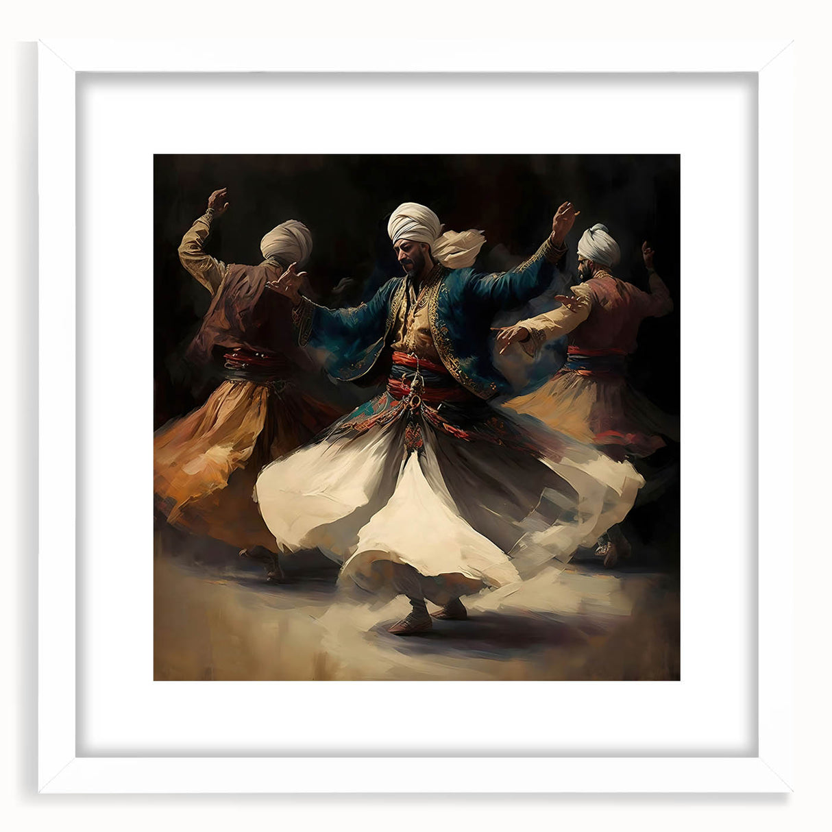 Abstract figurative wall art in a white frame with a mat, showcasing vibrant colors and dynamic shapes, perfect for modern home decor and artistic expression.