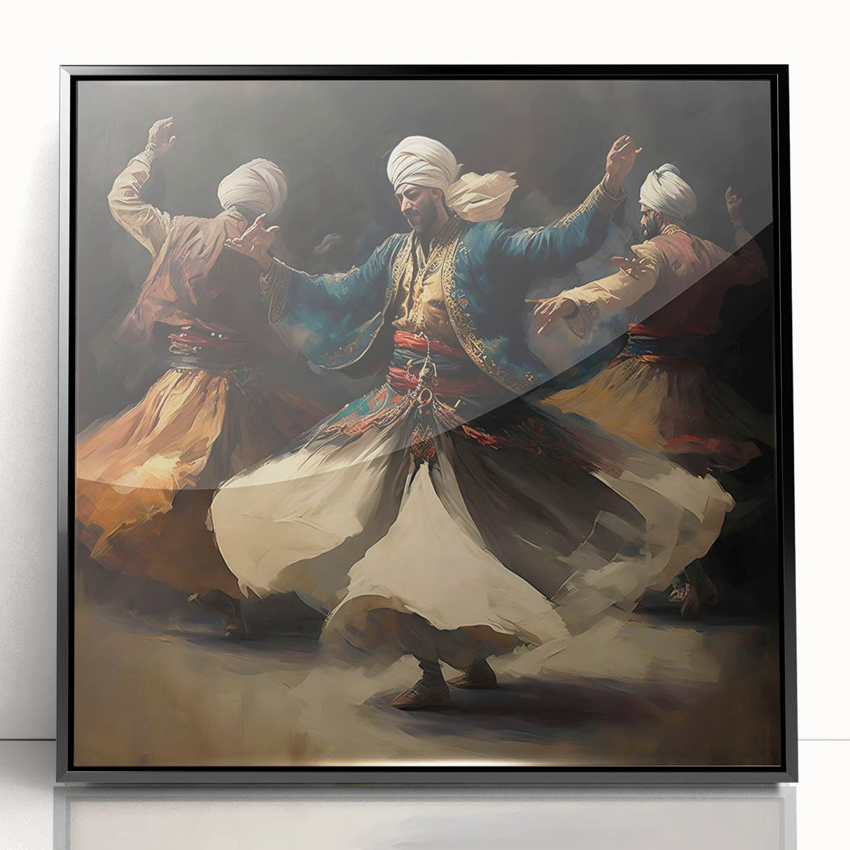 Framed abstract figurative wall art with black acrylic front view, showcasing bold colors and dynamic shapes, perfect for modern home decor.