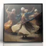 Framed abstract figurative wall art with black acrylic front view, showcasing bold colors and dynamic shapes, perfect for modern home decor.