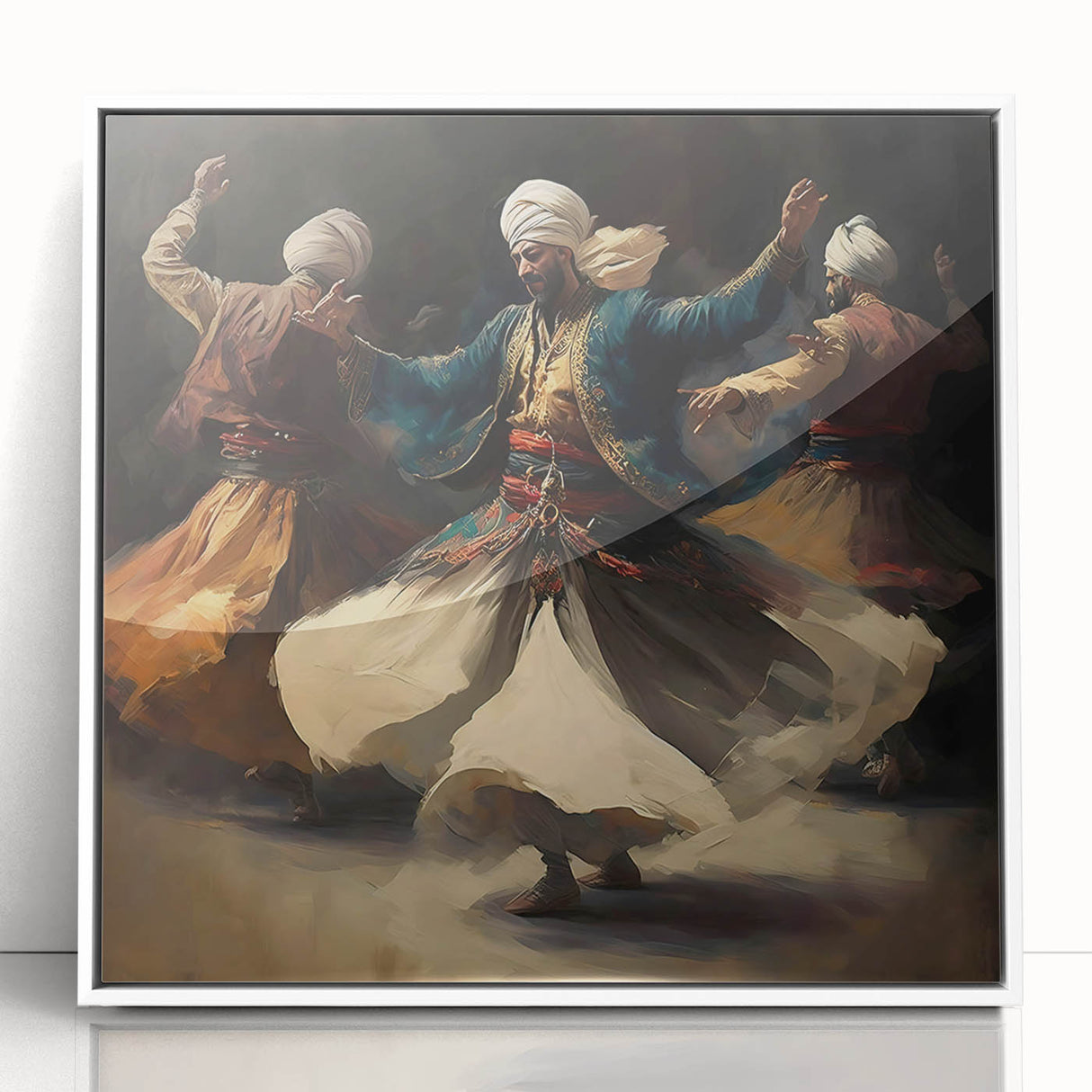 Framed abstract figurative wall art in a sleek white frame, showcasing vibrant colors and dynamic shapes, perfect for modern home decor and artistic expression.