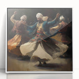 Framed abstract figurative wall art in a sleek white frame, showcasing vibrant colors and dynamic shapes, perfect for modern home decor and artistic expression.