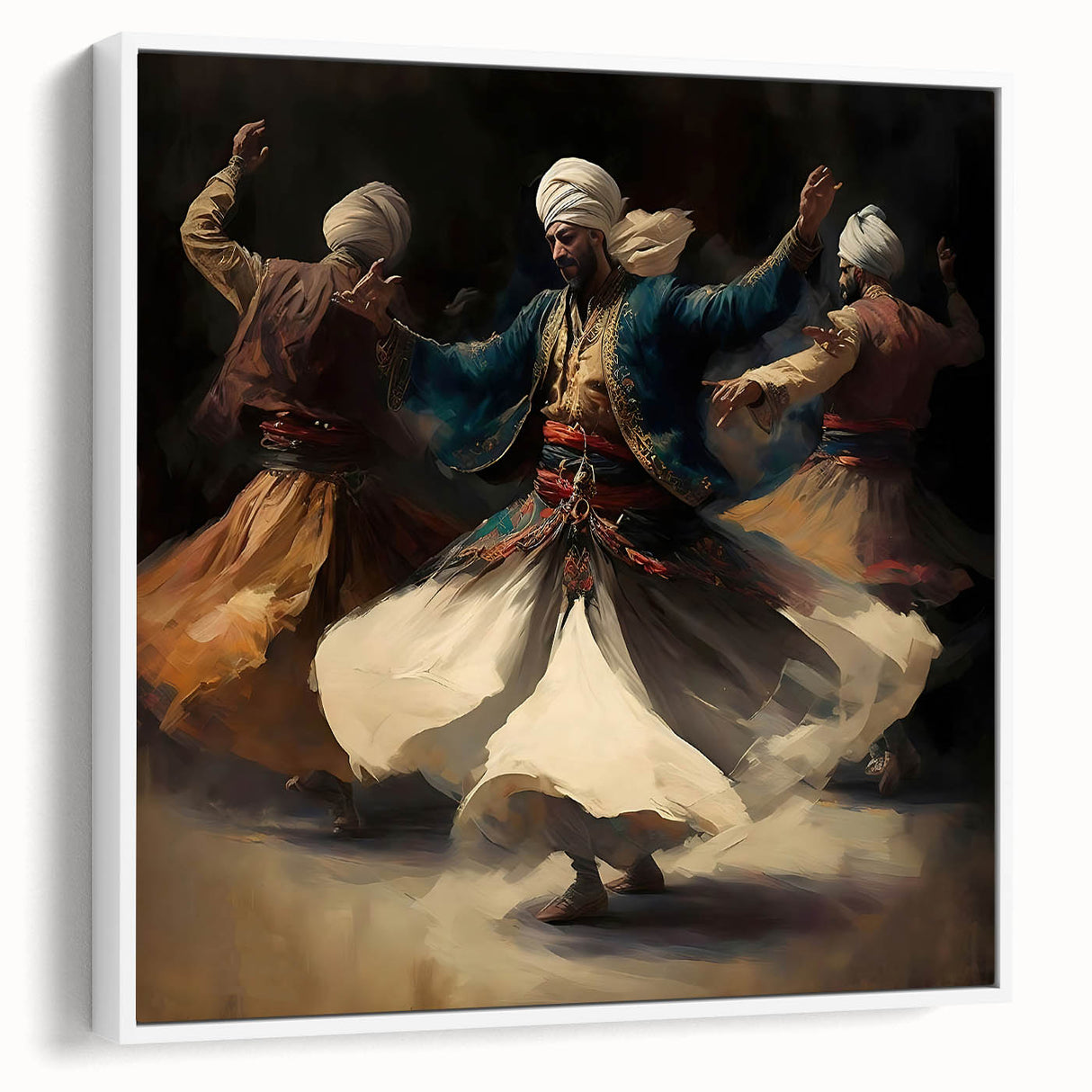 Framed abstract figurative wall art in a white frame, showcasing vibrant colors and dynamic shapes, displayed in a contemporary setting, perfect for modern decor.