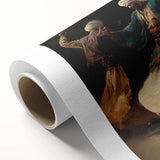 Vibrant abstract figurative wall art on rolled canvas, showcasing dynamic colors and shapes, ideal for modern home decor, elegantly packaged in a protective tube.