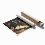 Abstract figurative wall art print showcasing vibrant colors and dynamic shapes, rolled and ready for display, emphasizing contemporary artistic design.