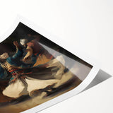 Abstract figurative wall art print featuring vibrant colors and dynamic shapes, elegantly rolled and ready for display, showcasing modern artistic expression.