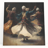 Abstract figurative wall art on stretched canvas, showcasing vibrant colors and dynamic shapes, elegantly leaning against a wall in a modern interior setting. Perfect for enhancing contemporary decor with a touch of artistic flair.