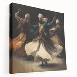 Abstract figurative wall art on stretched canvas showcases vibrant colors and dynamic shapes, perfect for modern decor, viewed from the side to highlight its depth and texture.