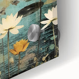 Close-up shot of vibrant abstract floral wall art printed on acrylic glass, showcasing rich colors and intricate details, perfect for modern home decor.