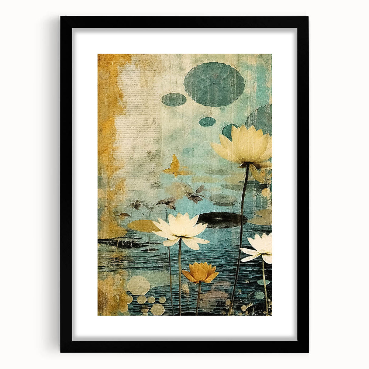 Abstract floral wall art in a black frame with a mat, showcasing vibrant colors and intricate designs, ideal for modern home decor and artistic spaces.