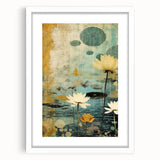 Abstract floral wall art design in a white frame with a mat, showcasing vibrant colors and intricate patterns, perfect for modern home decor.