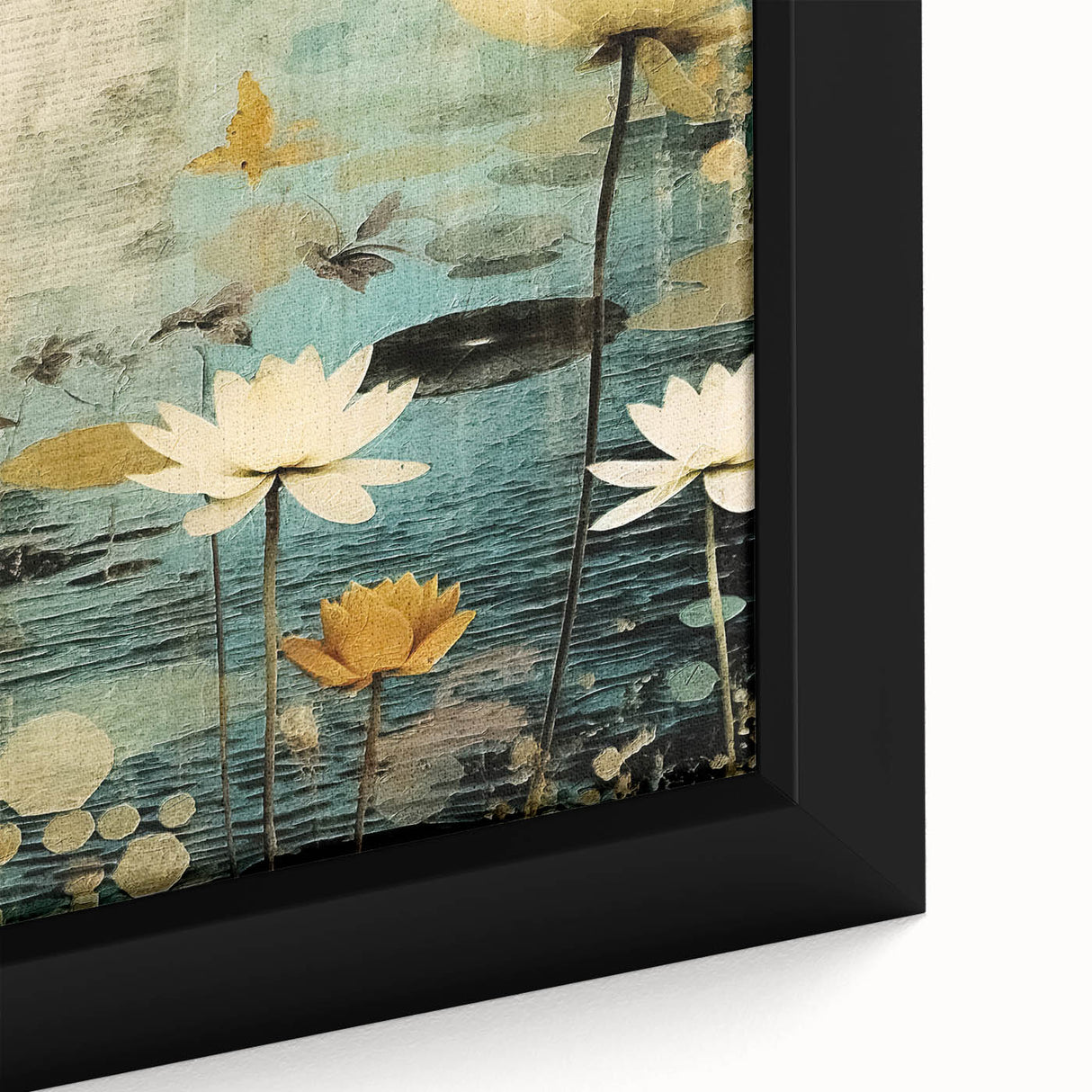 Vibrant close-up of a framed abstract floral wall art piece, showcasing intricate colors and textures, perfect for home decor enhancements. The design features a blend of soft pastels and bold hues, adding a modern touch to any space.