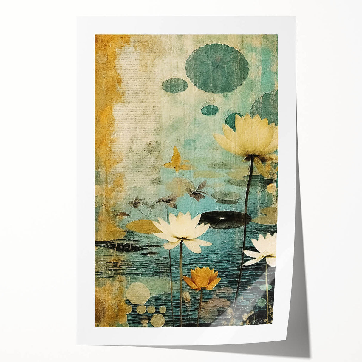 Vibrant abstract floral wall art print showcasing colorful blossoms in shades of pink, blue, and green, rolled and ready for framing, ideal for home décor.