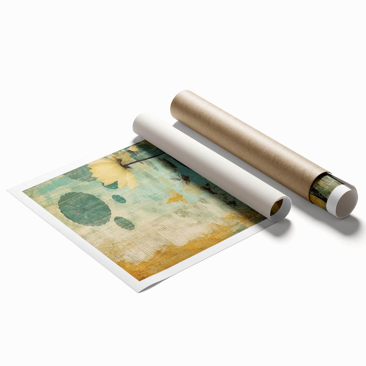 Abstract floral wall art rolled print featuring vibrant colors and intricate designs, ideal for home decor. Packaged securely in a cardboard tube for protection.