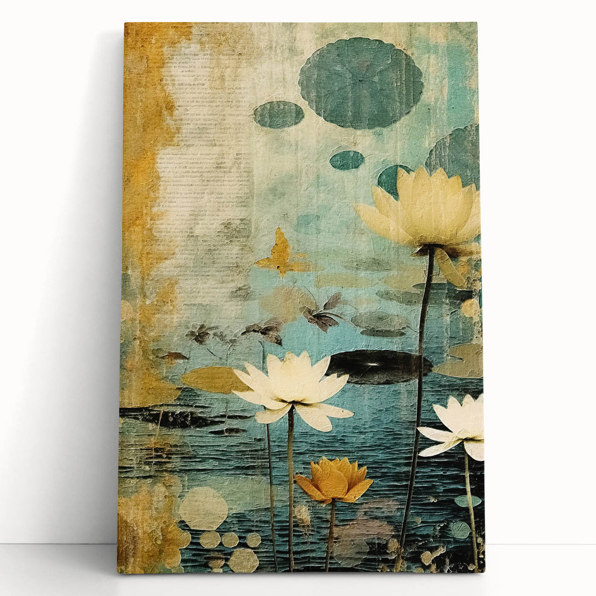 Abstract floral wall art on a stretched canvas, featuring vibrant colors and intricate designs, leaning against a neutral wall, perfect for modern home decor.