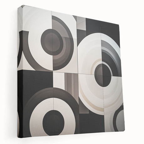 Abstract geometric stretched canvas artwork displaying vibrant colors and dynamic shapes, ideal for modern home decor and artistic interiors. This captivating piece enhances visual interest in any space.