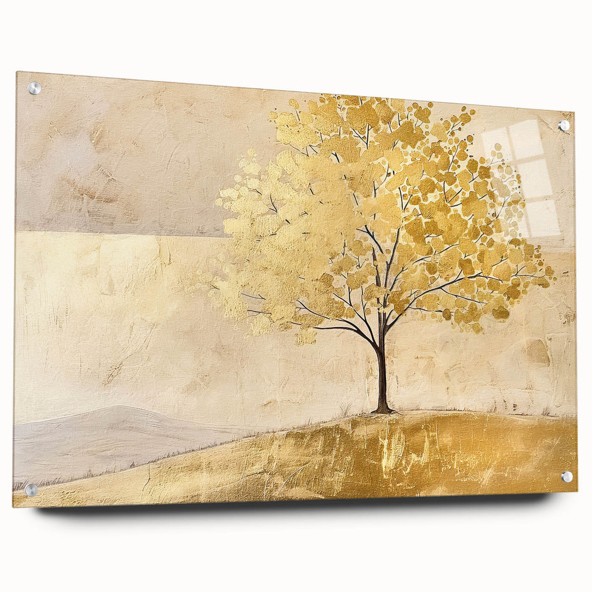 Abstract landscape wall art design displayed in a sleek acrylic glass frame, featuring vibrant colors and a contemporary aesthetic, ideal for modern home decor.