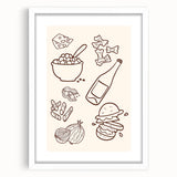 Abstract art print featuring swirling shades of blue and gray, framed with a white mat, suitable for dining room decor.