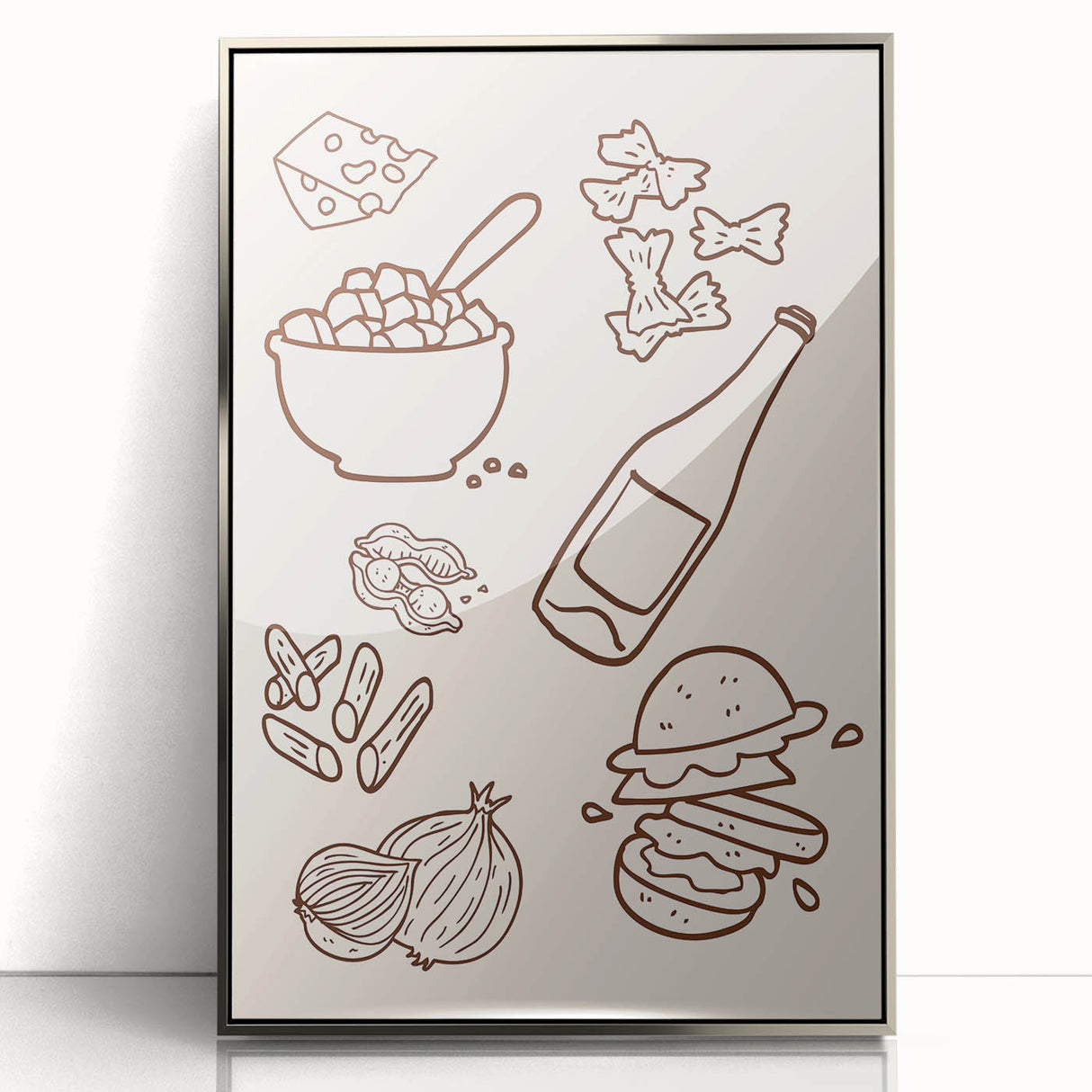 Mid-century modernist art depicting various beverages in vibrant colors on a silver-framed acrylic print.