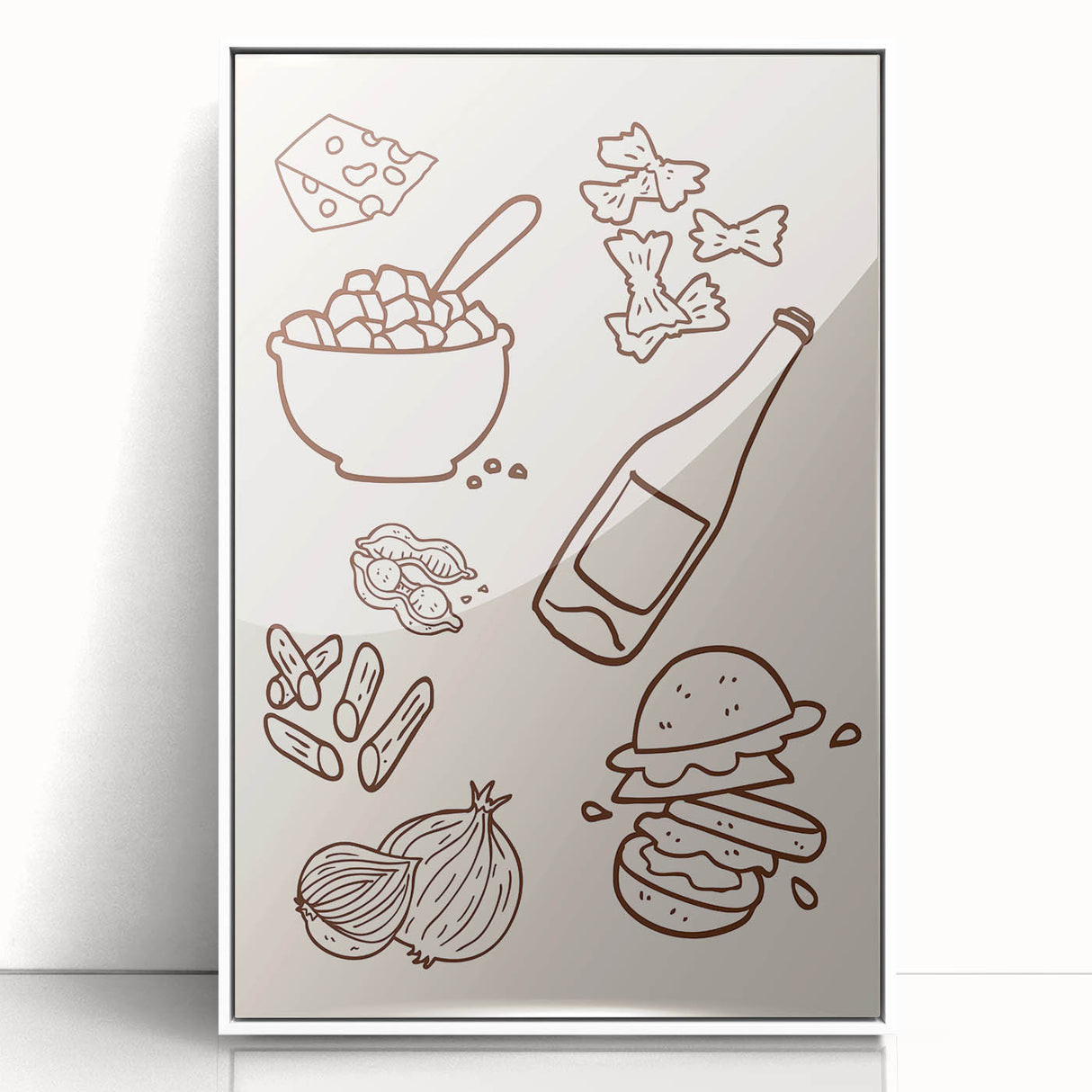 Art deco poster featuring assorted beverages and fruits in bold black outlines on a white acrylic framed print.