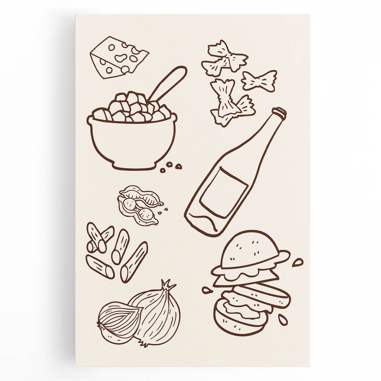 Large black and white stretched canvas featuring assorted kitchen utensils, ideal for kitchen wall art.