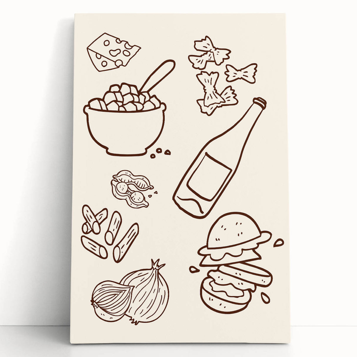 Large black and white stretched canvas featuring assorted kitchen items, ideal for kitchen wall art.