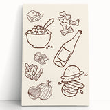 Large black and white stretched canvas featuring assorted kitchen items, ideal for kitchen wall art.