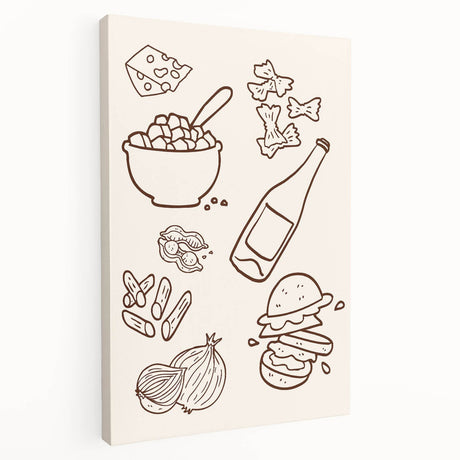 Large stretched canvas featuring a colorful depiction of various fruits and beverages, ideal for kitchen wall art.