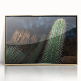 Framed acrylic landscape art depicting vibrant canyons in gold and earthy tones, ideal for modern home decor, enhancing living spaces with nature-inspired elegance.