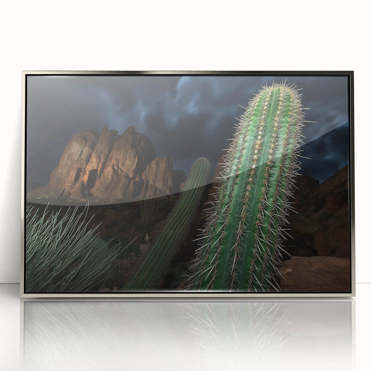 Framed acrylic artwork depicting a serene landscape of canyons in silver tones, showcasing intricate details and depth, perfect for modern home decor.